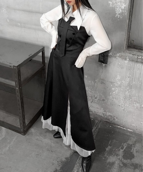 LVEU.（ラブユ.）の「【LVEU.】ボタンビスチェキャミソールワンピース / ワンピース ワンピ キャミワンピ 2way ボタン ラペル フレア ロング オケージョン 結婚式 お呼ばれ ブラック モード（ワンピース・レディース・ブラック・FREE）」の18枚目の写真