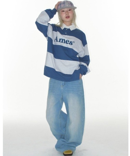 AMESWORLDWIDE（アメスワールドワイド）の「A'GEM/9 × .kom 『AMESWORLDWIDE/アメスワールドワイド』 BIG STRIPE RUGBY LS TEE/ビッグボーダーラグビー ロングスリーブ（Tシャツ/カットソー・レディース・ブルー/レッド・M）」の16枚目の写真
