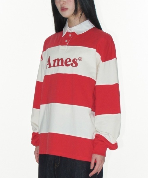 AMESWORLDWIDE（アメスワールドワイド）の「A'GEM/9 × .kom 『AMESWORLDWIDE/アメスワールドワイド』 BIG STRIPE RUGBY LS TEE/ビッグボーダーラグビー ロングスリーブ（Tシャツ/カットソー・レディース・ブルー/レッド・M）」の7枚目の写真