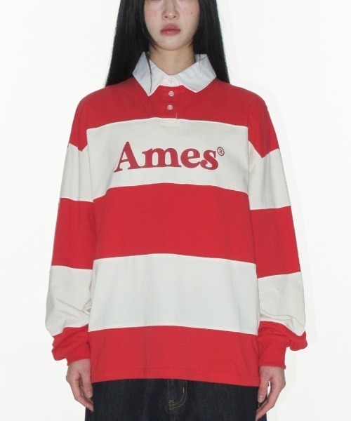 AMESWORLDWIDE（アメスワールドワイド）の「A'GEM/9 × .kom 『AMESWORLDWIDE/アメスワールドワイド』 BIG STRIPE RUGBY LS TEE/ビッグボーダーラグビー ロングスリーブ（Tシャツ/カットソー・レディース・ブルー/レッド・M）」の6枚目の写真