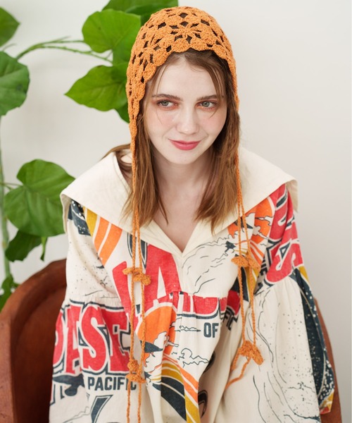 チャイハネ（チャイハネ）の「【チャイハネ】クロシェ編みバブーシュカキャップ（ニットキャップ/ビーニー・レディース・オレンジ/ホワイト/ブルー・FREE）」の12枚目の写真