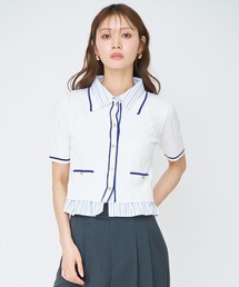 配色シャツ襟ペプラムニットプルオーバー