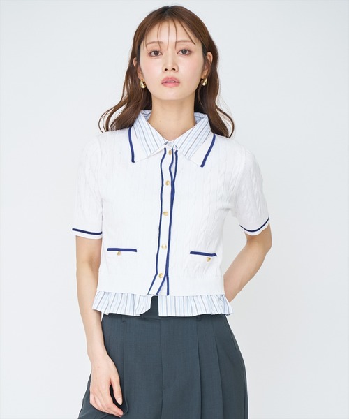AND COUTURE(アンドクチュール)の「配色シャツ襟ペプラムニットプルオーバー(ニット/セーター・レディース・ネイビー/オフホワイト/ライトグレー/ピンク・FREE)」の2枚目の写真