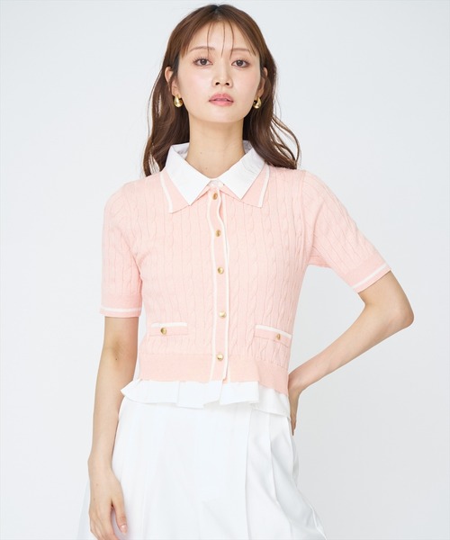 AND COUTURE(アンドクチュール)の「配色シャツ襟ペプラムニットプルオーバー(ニット/セーター・レディース・ネイビー/オフホワイト/ライトグレー/ピンク・FREE)」の4枚目の写真