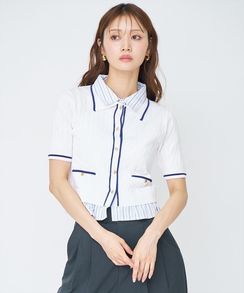 AND COUTURE(アンドクチュール)の「配色シャツ襟ペプラムニットプルオーバー(ニット/セーター・レディース・ネイビー/オフホワイト/ライトグレー/ピンク・FREE)」の5枚目の写真