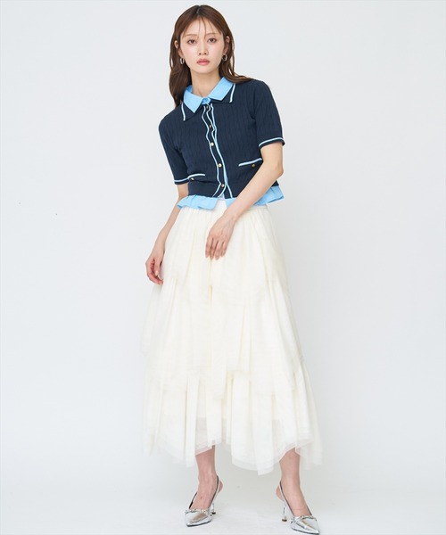 AND COUTURE(アンドクチュール)の「配色シャツ襟ペプラムニットプルオーバー(ニット/セーター・レディース・ネイビー/オフホワイト/ライトグレー/ピンク・FREE)」の9枚目の写真