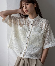 VitaFelice（ヴィータフェリーチェ）の「レースシアー半袖ルーズシャツ クロップド丈 バンドカラー 夏服（シャツ/ブラウス）」