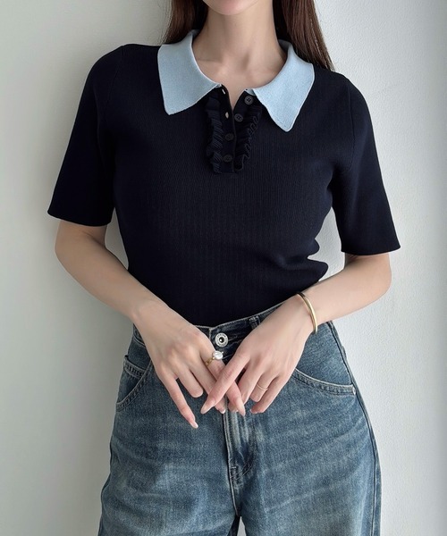Meiru(メイル)の「配色襟フリルポロニット(ニット/セーター・レディース・アイボリー/ブラウン/ダークネイビー・MEDIUM/LARGE)」の16枚目の写真