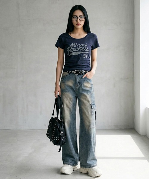 non-hedge（ノンヘッジ）の「サイドドロストロゴTシャツ（Tシャツ/カットソー・レディース・ネイビー/ワインレッド/グレー/オフホワイト・FREE）」の5枚目の写真