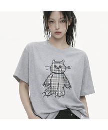 [ユニセックス]チェックキャットTシャツ_4カラー