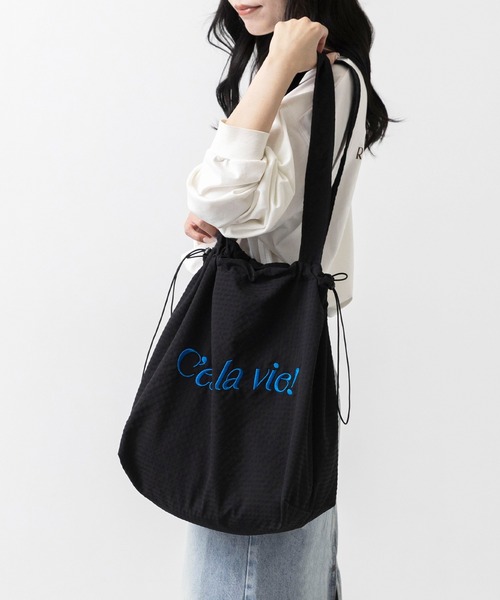 welleg(ウェレッグ)の「巾着 ロゴ刺繍 トートバッグ(トートバッグ・レディース・グリーン/パープル/ブラック/アイボリー/グレー・フリー)」の15枚目の写真