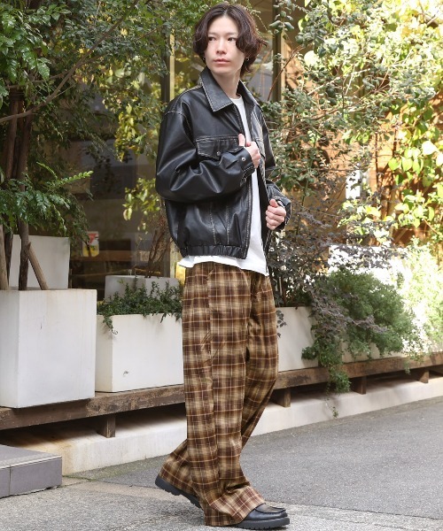LUXSTYLE(ラグスタイル)の「ストライプ&チェックワイドパンツ(スラックス・メンズ・ブラウン/ブラック・L/M)」の6枚目の写真