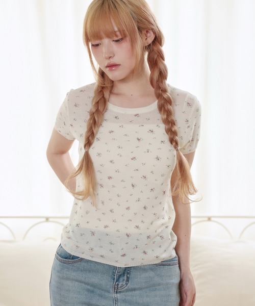 LiLIN(リリン)の「小花柄 リブ 切り替え 半袖 ニット トップス(ニット/セーター・レディース・ブルー/アイボリー/グレー/ピンク・FREE)」の1枚目の写真