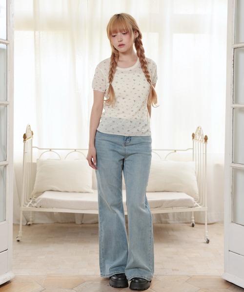 LiLIN(リリン)の「小花柄 リブ 切り替え 半袖 ニット トップス(ニット/セーター・レディース・ブルー/アイボリー/グレー/ピンク・FREE)」の7枚目の写真