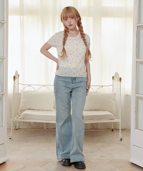 LiLIN(リリン)の「小花柄 リブ 切り替え 半袖 ニット トップス(ニット/セーター・レディース・ブルー/アイボリー/グレー/ピンク・FREE)」の10枚目の写真