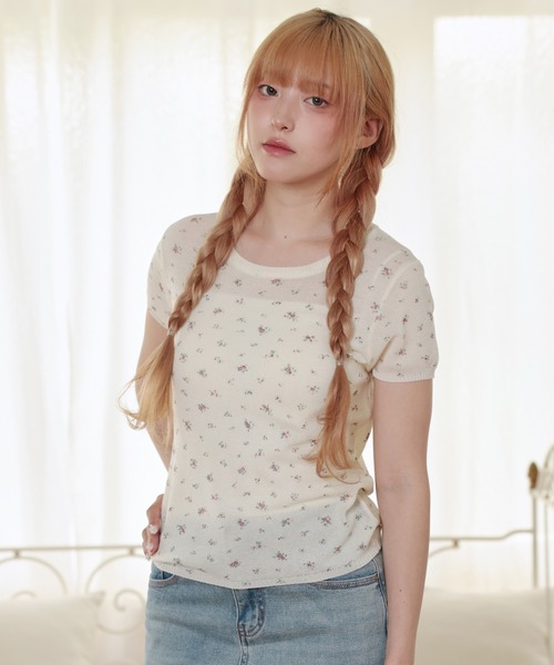 LiLIN(リリン)の「小花柄 リブ 切り替え 半袖 ニット トップス(ニット/セーター・レディース・ブルー/アイボリー/グレー/ピンク・FREE)」の5枚目の写真