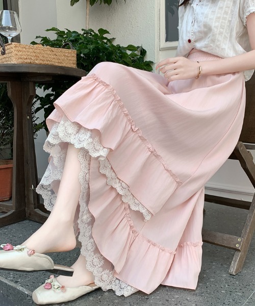AMAJI(アマジ)の「不規則フリル レース ミモレ丈 スカート(スカート・レディース・ホワイト/ライトブルー/ライトピンク/ブラック・FREE)」の4枚目の写真