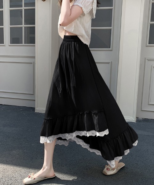 AMAJI(アマジ)の「不規則フリル レース ミモレ丈 スカート(スカート・レディース・ホワイト/ライトブルー/ライトピンク/ブラック・FREE)」の1枚目の写真