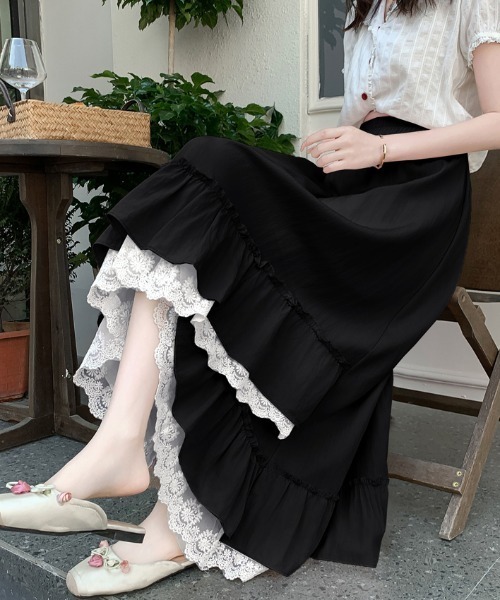 AMAJI(アマジ)の「不規則フリル レース ミモレ丈 スカート(スカート・レディース・ホワイト/ライトブルー/ライトピンク/ブラック・FREE)」の6枚目の写真