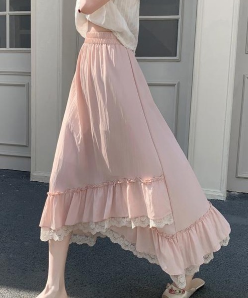 AMAJI(アマジ)の「不規則フリル レース ミモレ丈 スカート(スカート・レディース・ホワイト/ライトブルー/ライトピンク/ブラック・FREE)」の8枚目の写真