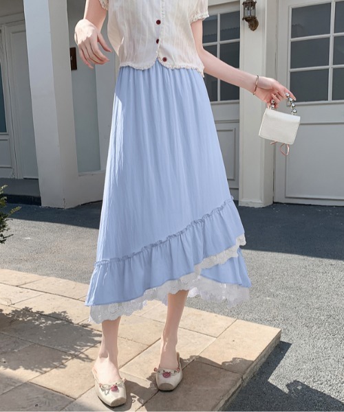 AMAJI(アマジ)の「不規則フリル レース ミモレ丈 スカート(スカート・レディース・ホワイト/ライトブルー/ライトピンク/ブラック・FREE)」の7枚目の写真