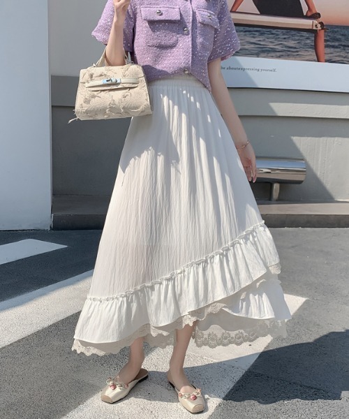 AMAJI(アマジ)の「不規則フリル レース ミモレ丈 スカート(スカート・レディース・ホワイト/ライトブルー/ライトピンク/ブラック・FREE)」の5枚目の写真