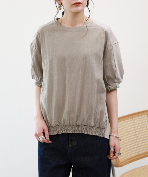 A.N.L(エーエヌエル レーベル)の「A.N.L 素材切替裾シャーリングプルオーバー 半端袖(Tシャツ/カットソー・レディース・グレイッシュベージュ/ブラック/オフホワイト・38)」の6枚目の写真