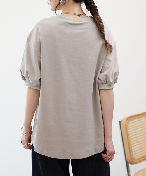 A.N.L(エーエヌエル レーベル)の「A.N.L 素材切替裾シャーリングプルオーバー 半端袖(Tシャツ/カットソー・レディース・グレイッシュベージュ/ブラック/オフホワイト・38)」の7枚目の写真
