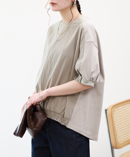 A.N.L(エーエヌエル レーベル)の「A.N.L 素材切替裾シャーリングプルオーバー 半端袖(Tシャツ/カットソー・レディース・グレイッシュベージュ/ブラック/オフホワイト・38)」の15枚目の写真