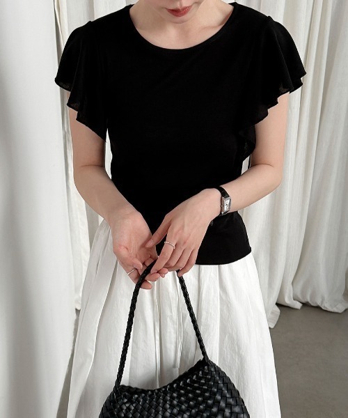 semplice（センプリチェ）の「フリルスリーブ半袖トップス（Tシャツ/カットソー・レディース・ブラック/ホワイト・F）」の7枚目の写真