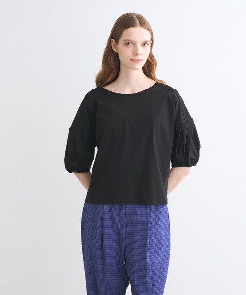 three dots(スリードッツ)の「シルケンジャージー ハーフスリーブトップス(Tシャツ/カットソー・レディース・ブルー系その他/ホワイト/ブラック・SMALL)」の2枚目の写真