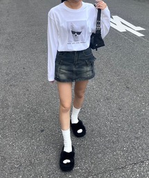 白黒かわいい子犬フォトプリントロンT/長袖Tシャツ