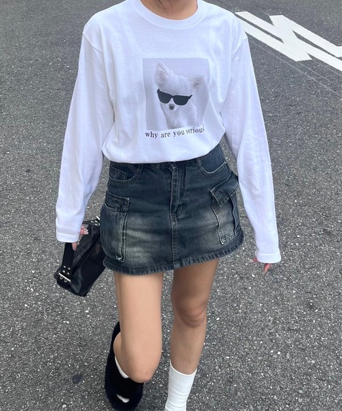 boemy(ボエミー)の「白黒かわいい子犬フォトプリントロンT/長袖Tシャツ(Tシャツ/カットソー・レディース・ホワイト・X-SMALL/LARGE)」の6枚目の写真