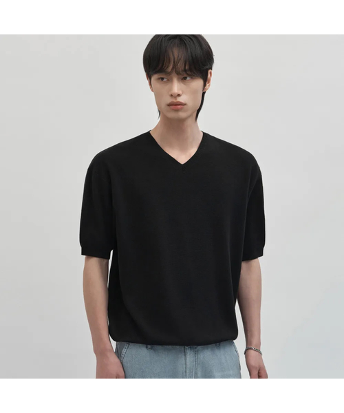 Круглый бунг‑сэми‑овер‑шорт V‑neck — полуприлегающий трикотаж, короткий рукав [черный]