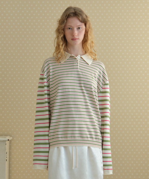 TTUDEMENT(トュードメント)の「STRIPE LONG SLEEVE POLO KNIT_IVORY(ニット/セーター・レディース・その他・FREE)」の1枚目の写真