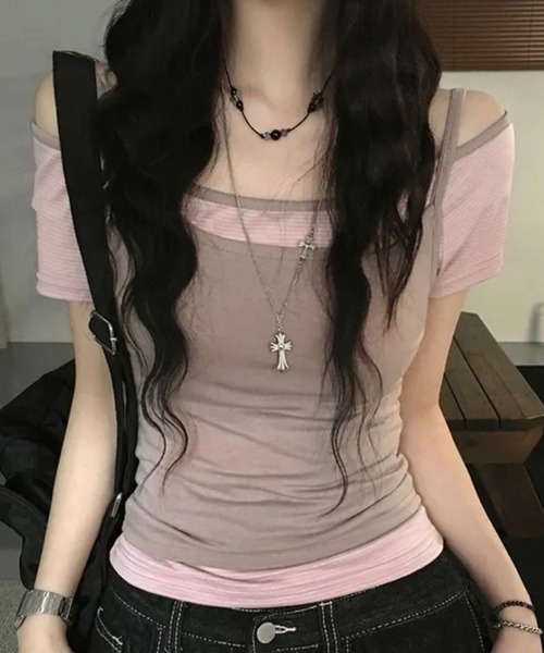 MEMECLE（メメクル）の「【 MEMECLE / メメクル 】ボーダー　レイヤード風 オフショルダータイトトップス　カットソー（Tシャツ/カットソー・レディース・カーキ/ピンク/ブラック・MEDIUM/SMALL）」の13枚目の写真