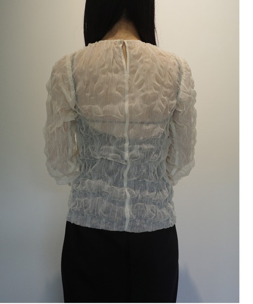 CLANE(クラネ)の「CLANE CRINKLED PLEAT SHEER TULLE TOPS(その他トップス・レディース・ブラック/オフホワイト・1/2)」の4枚目の写真