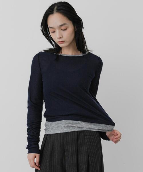 SENSE OF PLACE by URBAN RESEARCH(センスオブプレイスバイアーバンリサーチ)の「シャーリングスリーブレイヤードTシャツ(Tシャツ/カットソー・レディース・ネイビー・ONE)」の1枚目の写真