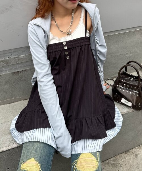 CIAOPANIC(チャオパニック)の「2WAYピンストライプチュニックキャミワンピース(チュニック・レディース・ベージュ/チャコールグレー/グレー・ONE SIZE)」の1枚目の写真