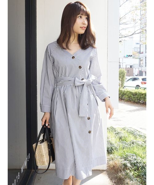 セール ワンピース Mercuryduo マーキュリーデュオ のファッション Mercuryduo マーキュリーデュオ のワンピース ストライプカシュクールボタン付シャツワンピース をセール価格で購入できます Mercuryduo ストライプカシュクールボタン付