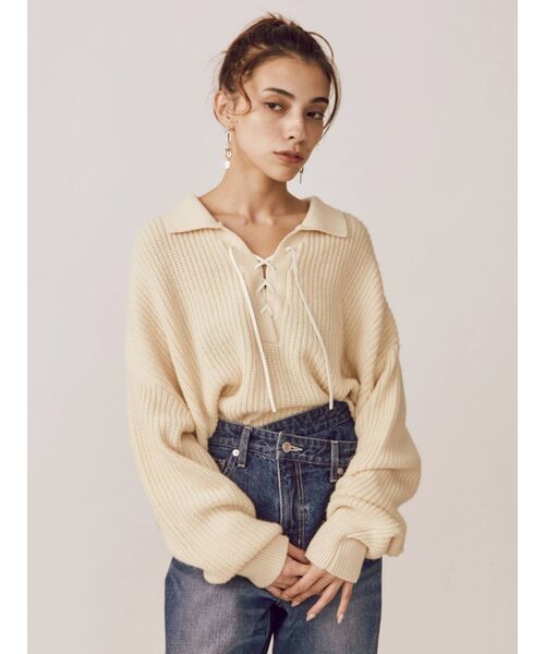 EVRIS（エヴリス）の「レースアップオープンカラーニット（ニット/セーター・レディース・ブラック/ベージュ/アイボリー・FREE）」の11枚目の写真