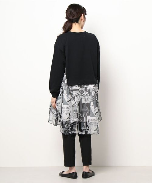 ScoLar（スカラー）の「レトロ貴婦人総柄シフォン切替 裏毛ワンピース（チュニック・レディース・ブラック/ベージュ・M）」の3枚目の写真