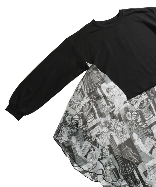 ScoLar（スカラー）の「レトロ貴婦人総柄シフォン切替 裏毛ワンピース（チュニック・レディース・ブラック/ベージュ・M）」の10枚目の写真