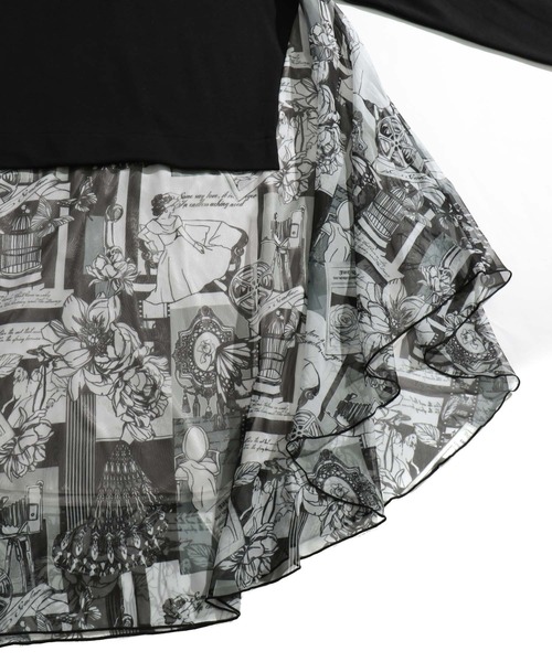 ScoLar（スカラー）の「レトロ貴婦人総柄シフォン切替 裏毛ワンピース（チュニック・レディース・ブラック/ベージュ・M）」の9枚目の写真