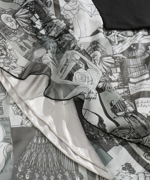 ScoLar（スカラー）の「レトロ貴婦人総柄シフォン切替 裏毛ワンピース（チュニック・レディース・ブラック/ベージュ・M）」の7枚目の写真