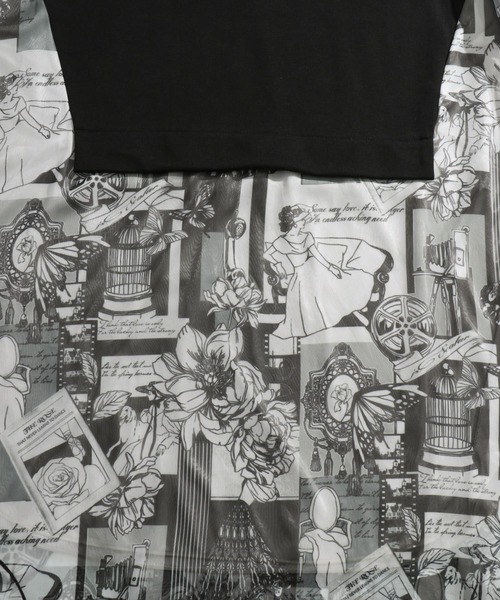 ScoLar（スカラー）の「レトロ貴婦人総柄シフォン切替 裏毛ワンピース（チュニック・レディース・ブラック/ベージュ・M）」の6枚目の写真