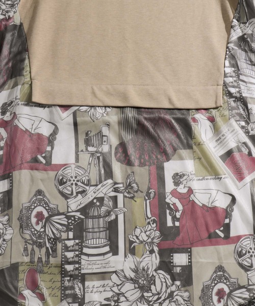 ScoLar（スカラー）の「レトロ貴婦人総柄シフォン切替 裏毛ワンピース（チュニック・レディース・ブラック/ベージュ・M）」の5枚目の写真