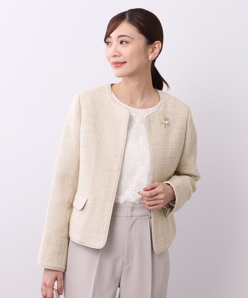 grove(グローブ)の「【S-3L】ラメツィードノーカラージャケット(ノーカラージャケット・レディース・ネイビー/ライトベージュ/ブラック系6・04/05/01/02/03)」の2枚目の写真
