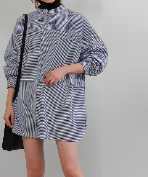 COLONY 2139（コロニートゥーワンスリーナイン）の「ストライプパターン切替長袖シャツ（シャツ/ブラウス・レディース・グリーン/ネイビー/レッド・FREE）」の3枚目の写真