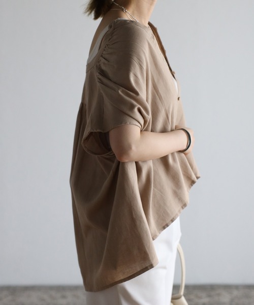 Fizz(フィズ)の「【Fizz/フィズ】 綿麻ミックス スタンドカラーノースリーブギャザーブラウス(シャツ/ブラウス・レディース・ベージュ/カーキ/チャコール/キナリ・M)」の10枚目の写真